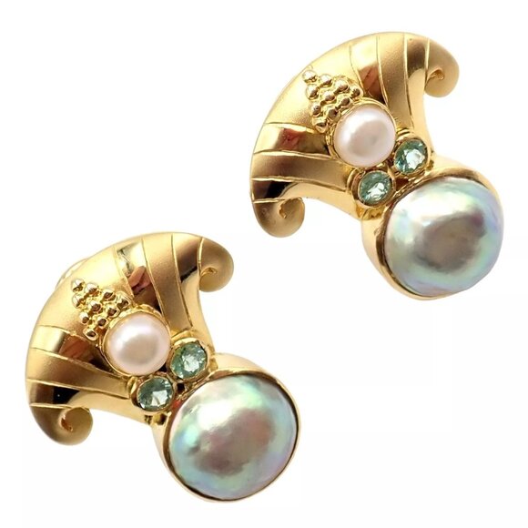 Rare! Vintage Paula Crevoshay 18k Gold Abalone Pearl Blue Gemstone Earrings OOAK - Picture 1 of 15